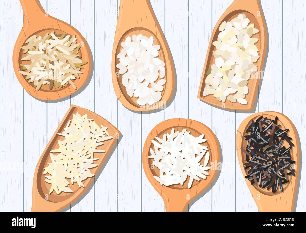 Different types of rice in wooden spoons. Basmati, wild, jasmine, long brown, arborio, sushi Stock Vector