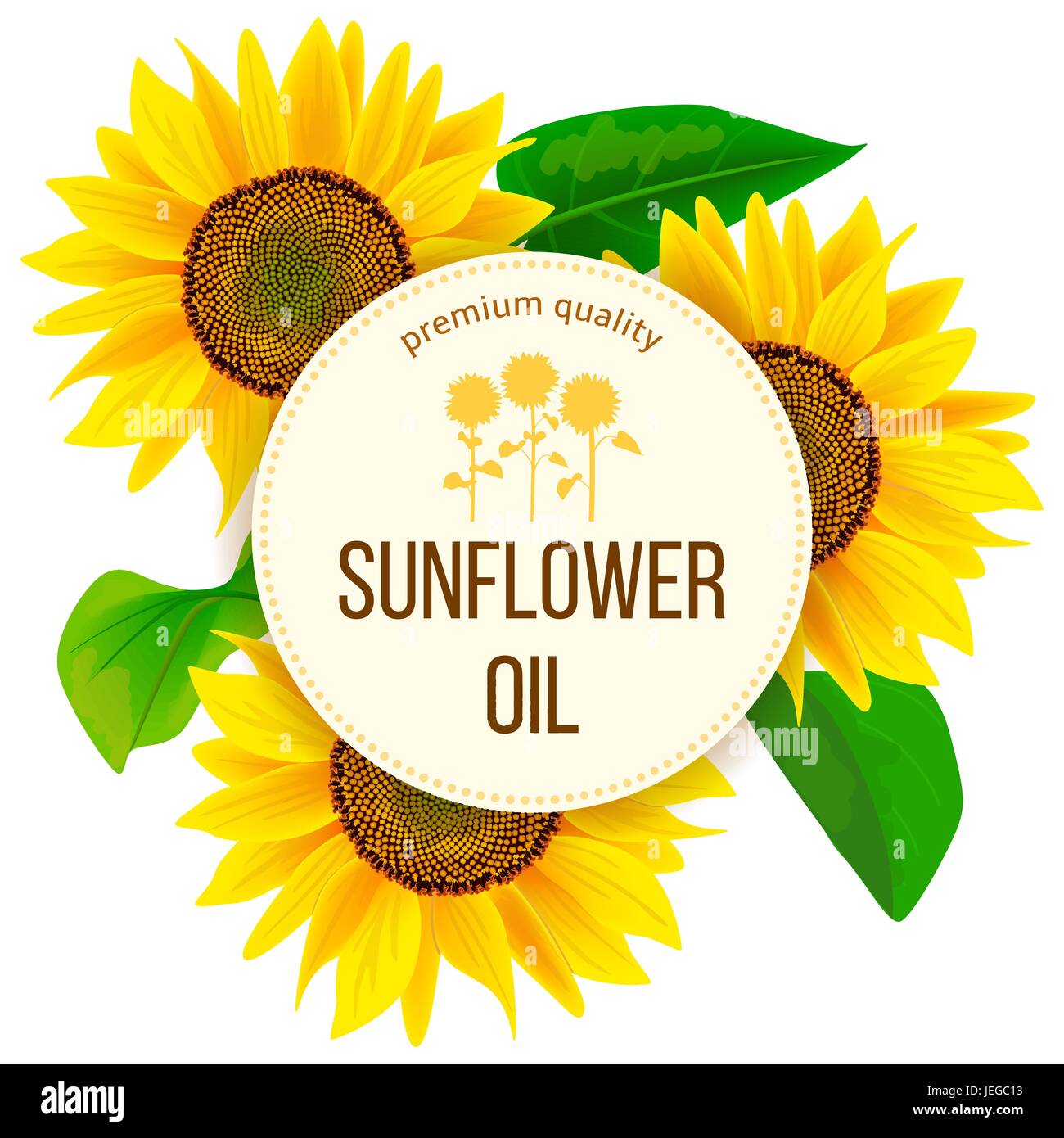 Sunflowers and leaves around circle badge with text Stock Vector