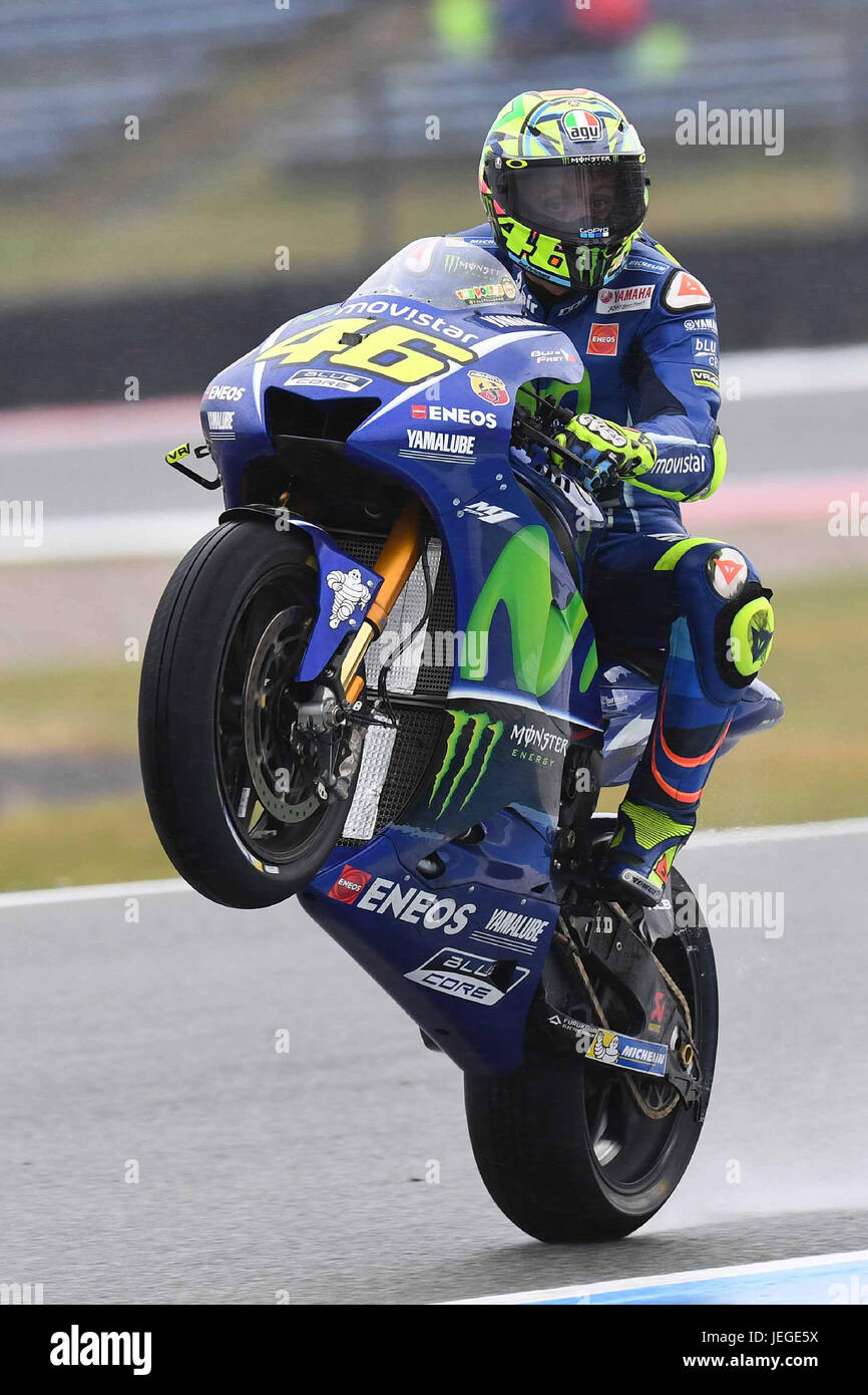 Assen, Netherlands. 24th Jun, 2017. Valentino Rossi of Italy and Movistar  Yamaha MotoGP lifts the front wheel during Qualifying of the Grand Prix  Motul TT Assen MotoGP on june 24, 2017 in