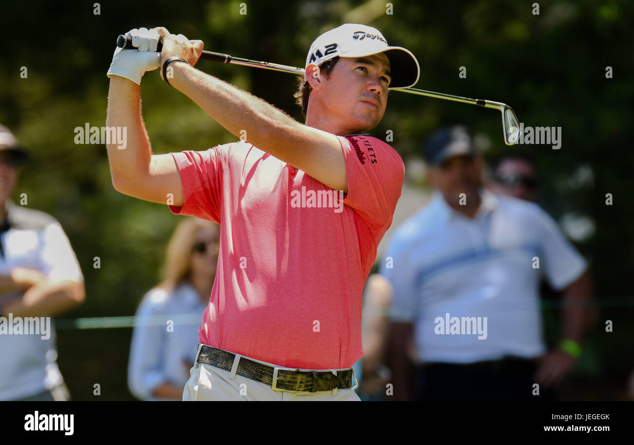 Cromwell CT, USA. 24th June, 2017. Brian Harman follows his tee shot on the 8th hole during the third round of the Travelers Golf Championship at TPC River Highlands in Cromwell, Connecticut. Credit: Cal Sport Media/Alamy Live News Stock Photo