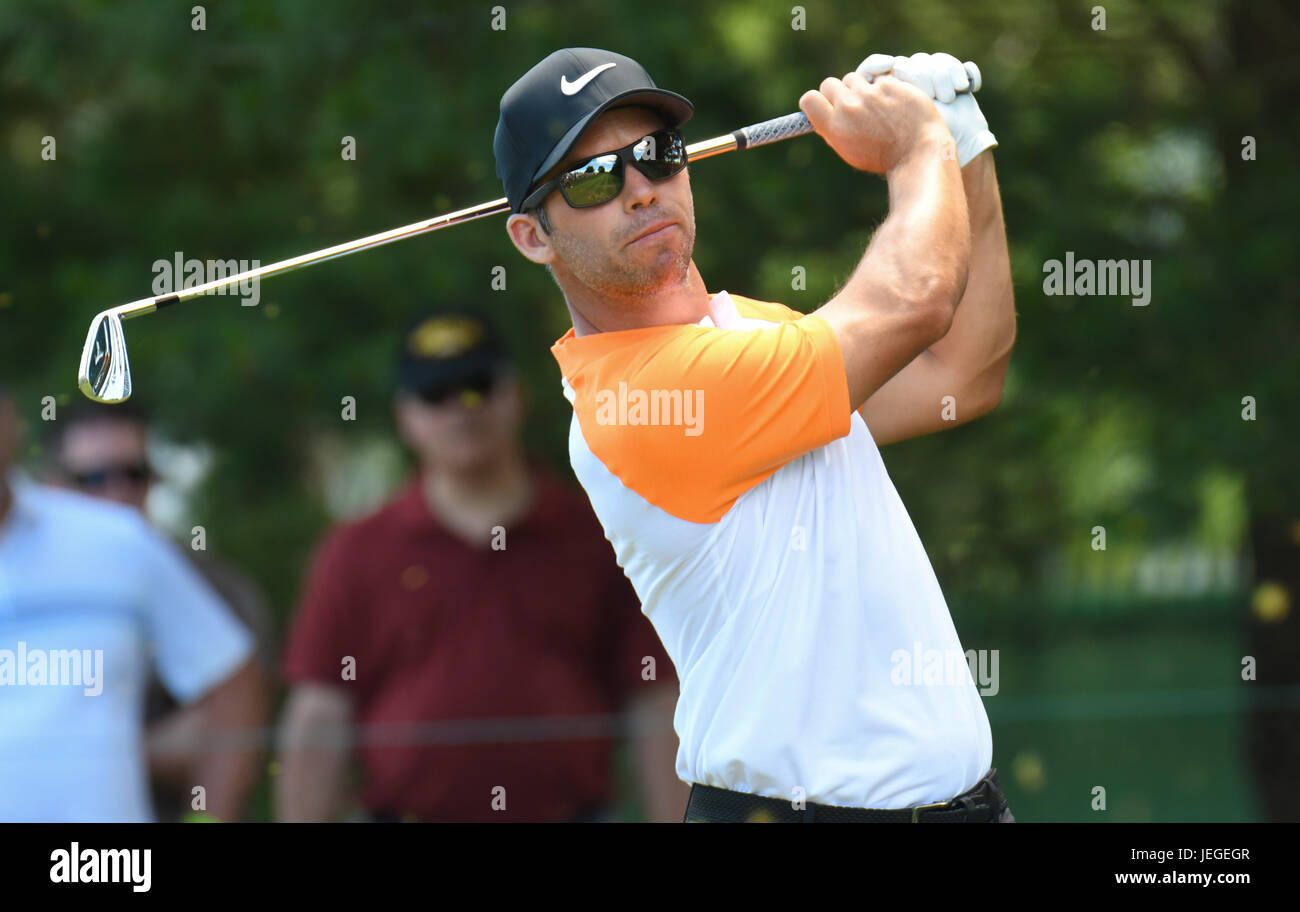 Cromwell CT, USA. 24th June, 2017. Paul Casey tees off on the 8th hole during the third round of the Travelers Golf Championship at TPC River Highlands in Cromwell, Connecticut. Credit: Cal Sport Media/Alamy Live News Stock Photo