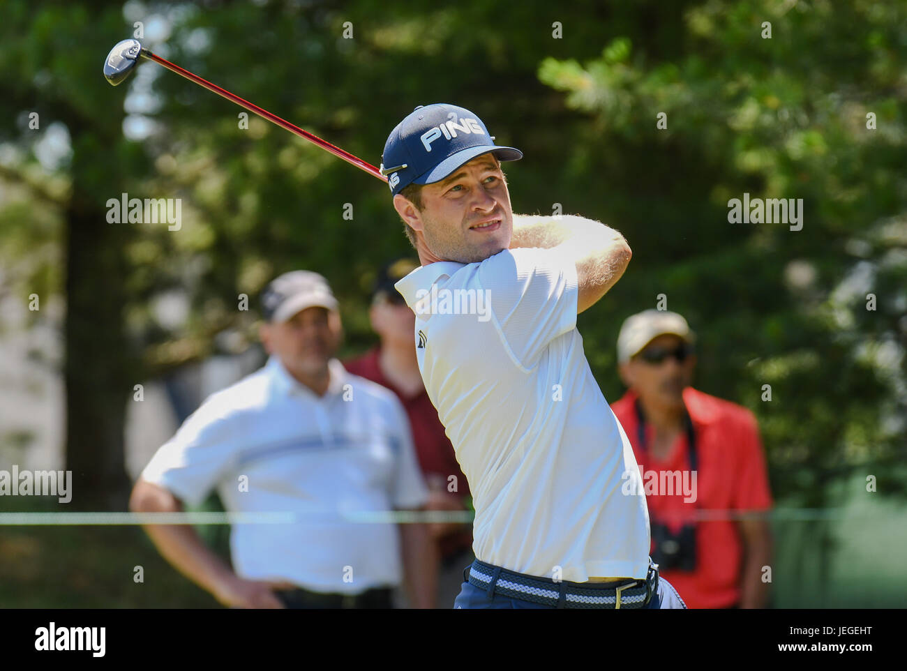 Cromwell CT, USA. 24th June, 2017. David Lingmerth tees off on the 8th hole during the third round of the Travelers Golf Championship at TPC River Highlands in Cromwell, Connecticut. Credit: Cal Sport Media/Alamy Live News Stock Photo