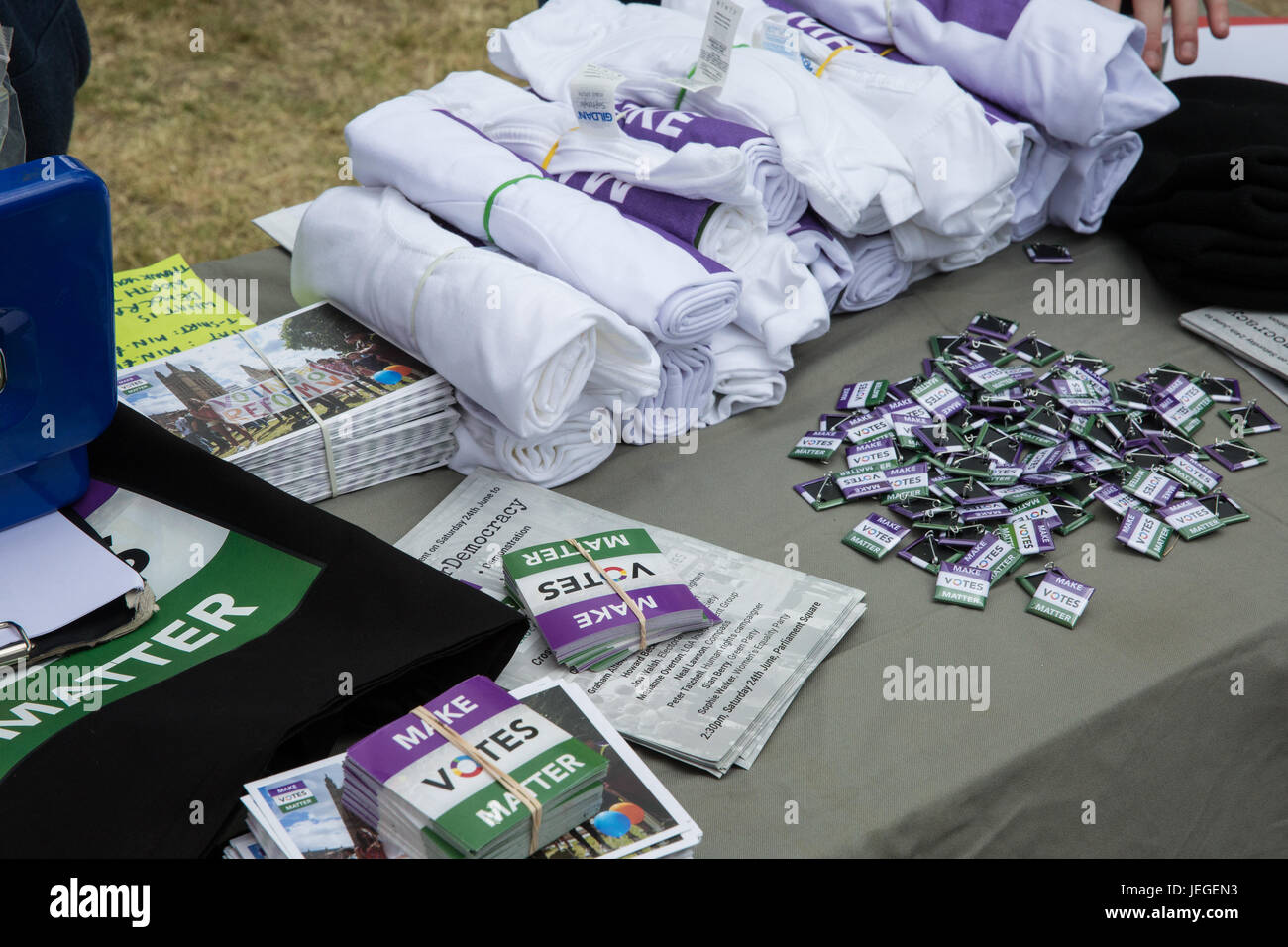 London, UK. 24th June, 2017. PR materials at the Save Our Democracy rally in Parliament Square to call for proportional representation and to plan for the end to the UK's undemocratic first-past-the-post voting system. Credit: Mark Kerrison/Alamy Live News Stock Photo