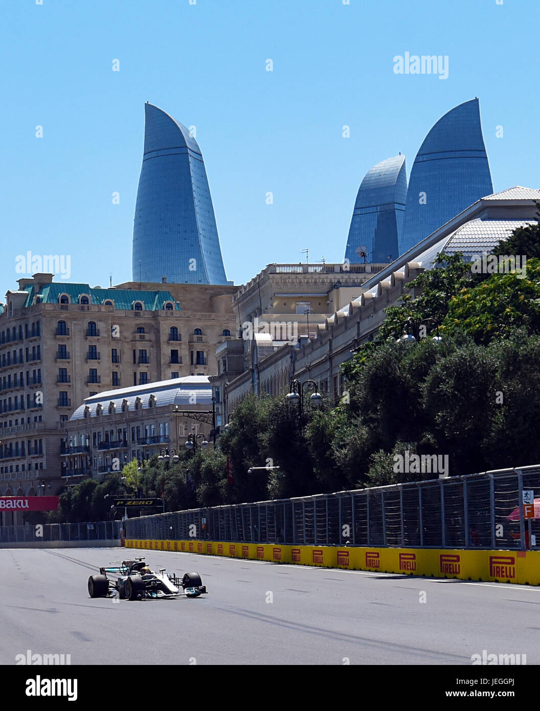 Baku, Azerbaijan. 24th June, 2017. Lewis Hamilton of the Mercedes team competes during the qualifying race of the 2017 Azerbaijan Grand Prix in Baku, Azerbaijan, on June 24, 2017. Credit: Tofiq Babayev/Xinhua/Alamy Live News Stock Photo