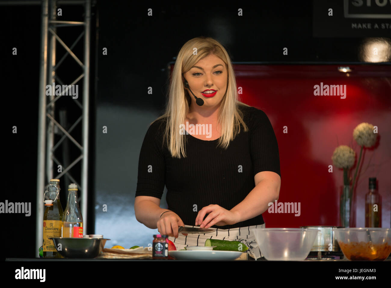 Birmingham, UK. 25th Jun, 2017. Lorna Robertson a Masterchef finalist doing a cooking demo on the Stoves cooking stage and talking about her future plans Credit: steven roe/Alamy Live News Stock Photo
