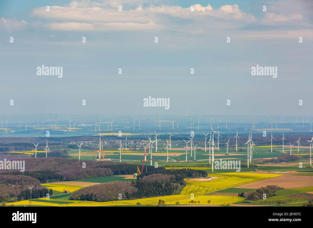 Wind power plants on the Paderborn plateau, Westfälische Bucht, wind park, Bad Wünnenberg, Ostwestfalen-Lippe, Bürener Land Stock Photo