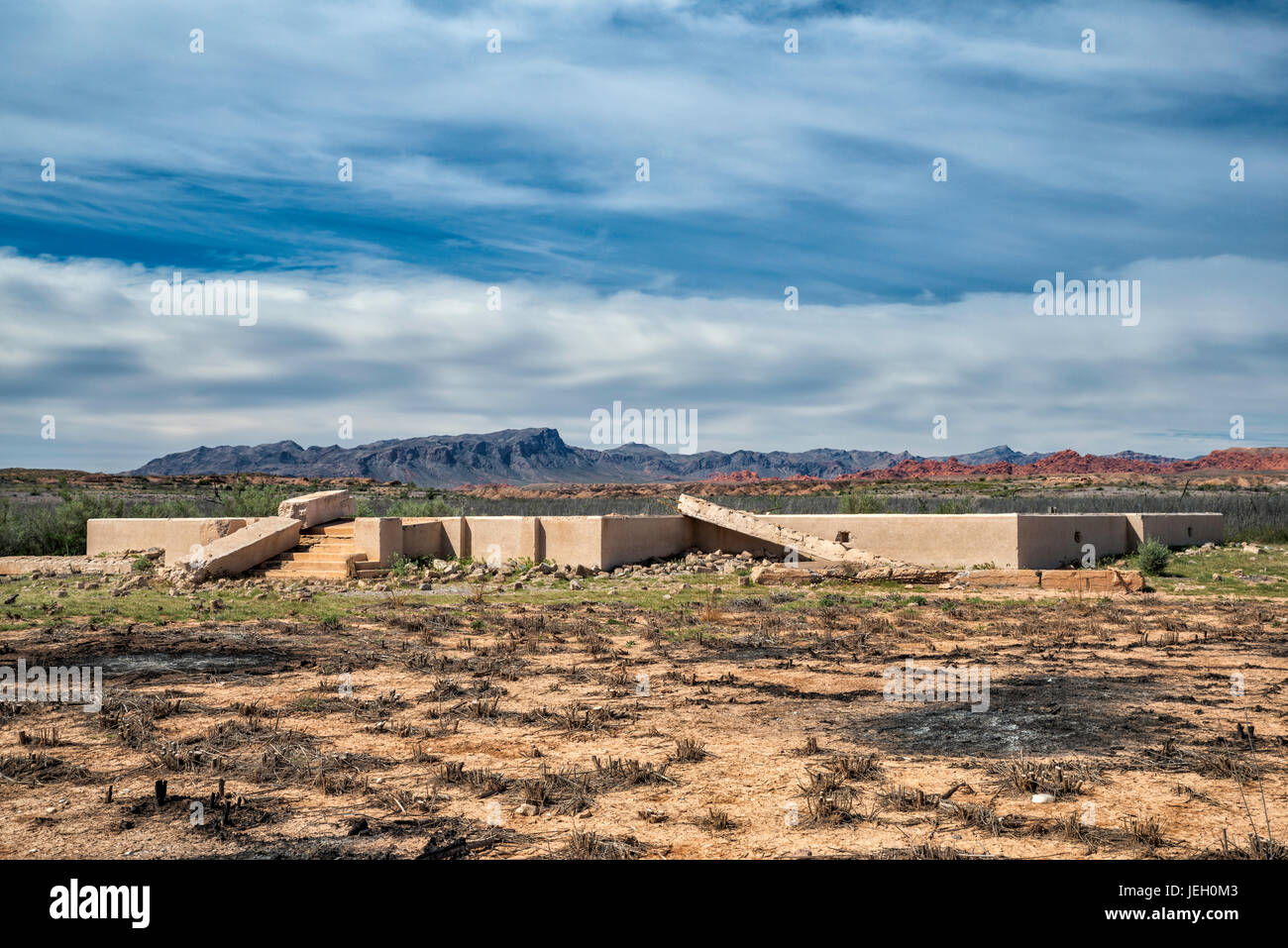 Foundation of house in St Thomas, ghost town submerged under Lake Mead for many years, now exposed, Lake Mead National Recreation Area, Nevada, USA Stock Photo