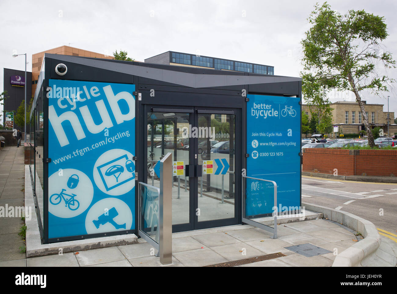 Cycle hub for bicycle parking adjacent to Bury Interchange tram and bus station, Bury, Greater Manchester, UK Stock Photo