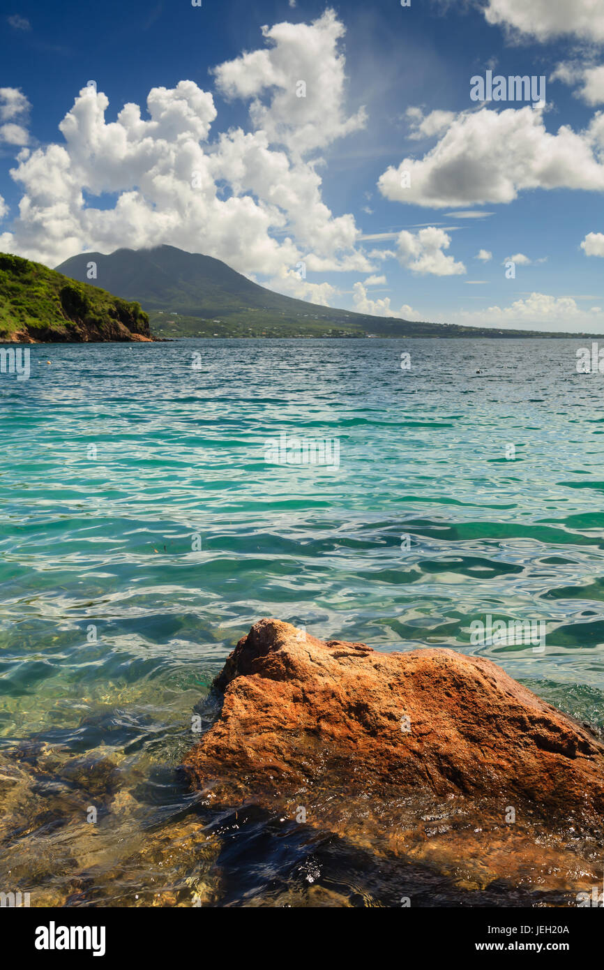 Cockleshell Bay.  The view from Cockleshell Bay on the Caribbean island of St. Kitts in the West Indies.  Nevis can be seen in the background. Stock Photo