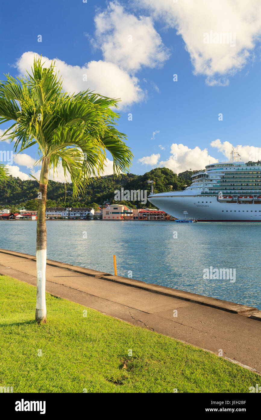 P&O cruise ship Ventura docked in Castries, capital of St Lucia. The port offers a sheltered harbour and a preferred destination for cruise ships. Stock Photo