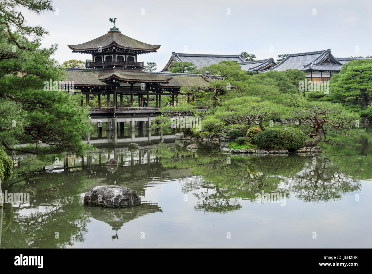 Heian Jingu shrine gardens, covered bridge. Hashidono. Stock Photo