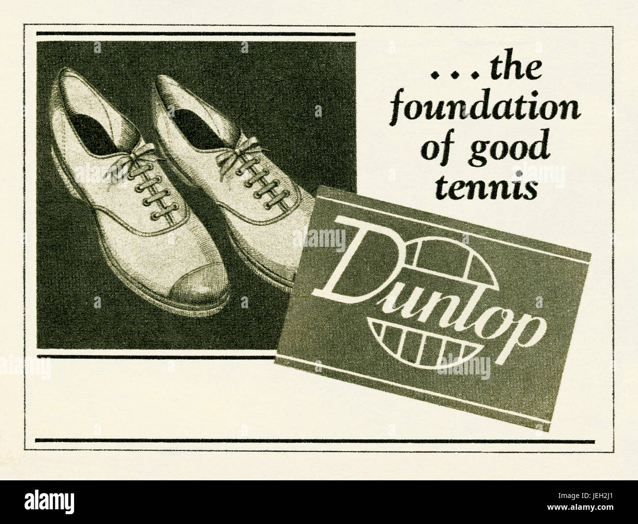 An advert for Dunlop tennis shoes - it appeared in a magazine published in the UK in 1947 - these canvas and rubber shoes were often used for casual wear Stock Photo