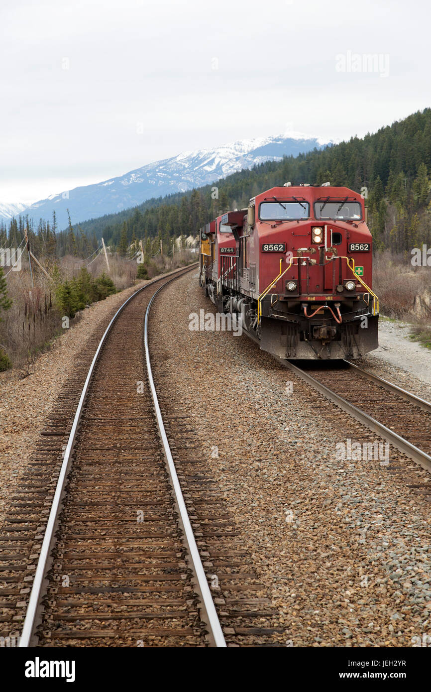 pulling a freight train on the Canadian Pacific Railway near Revelstoke in British