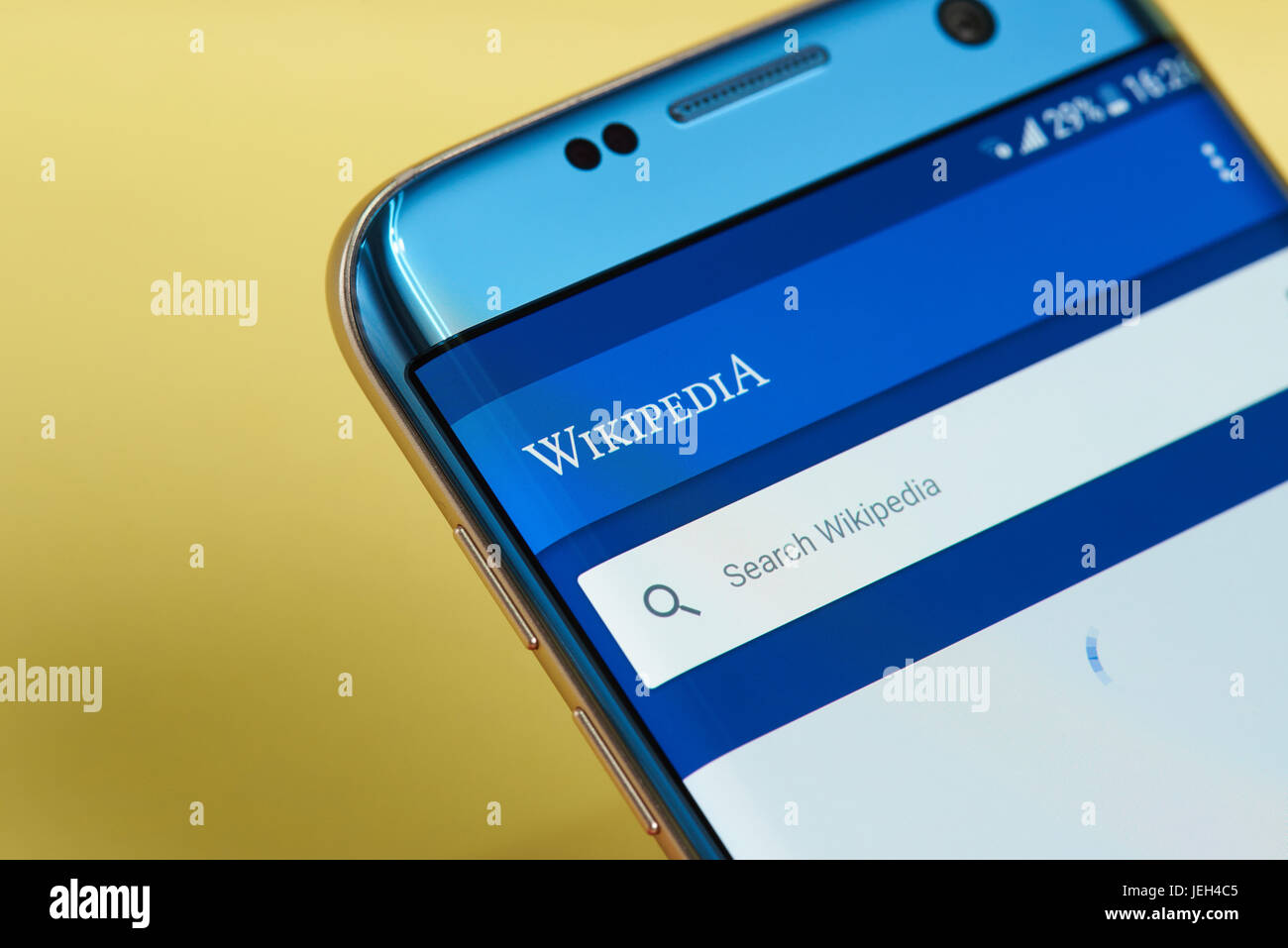New york, USA - June 23, 2017: Wikipedia application search menu on smartphone screen close-up. Using wikipedia app Stock Photo