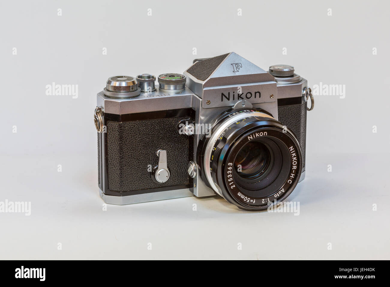 A Nikon F camera with a 50mm F2 lens. As used in the 1960's. Stock Photo