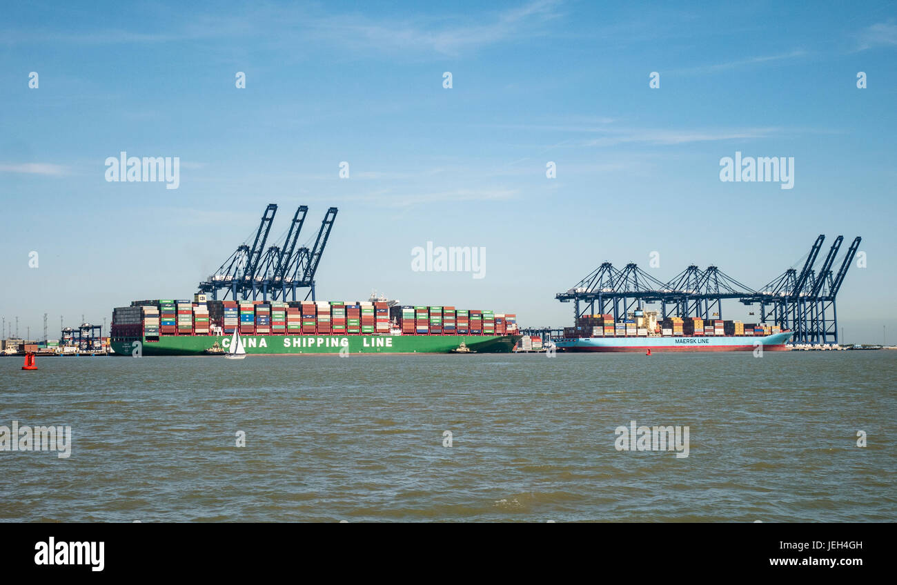 China Shipping Line Container Ship being Docked  at Port of Felixstowe Suffolk UK Stock Photo