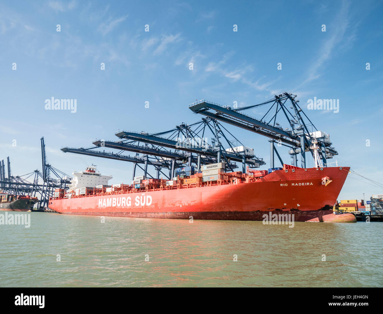 Container Ship of Hamburg Sud Line Loading at Port of Felixstowe Suffolk UK Stock Photo