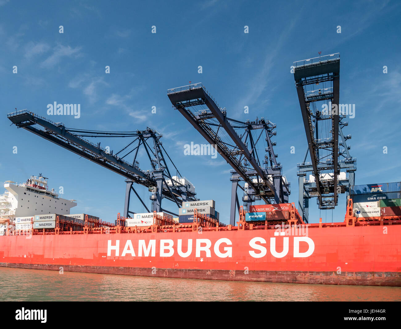 Container Ship of Hamburg Sud Line, Loading at Port of Felixstowe Suffolk UK Stock Photo