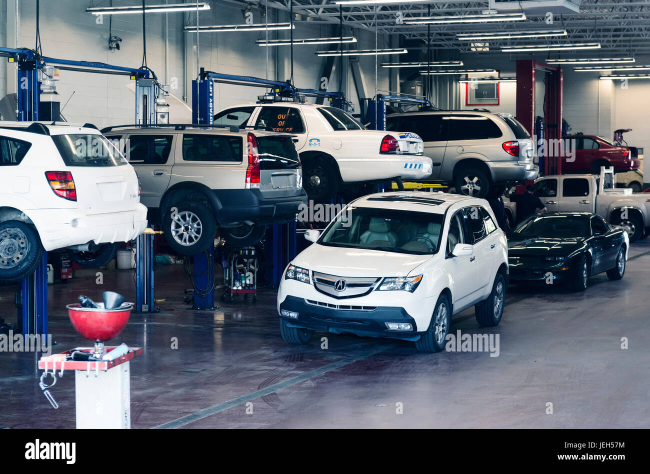 License available at MaximImages.com - Lifted up cars in a mechanic's shop being serviced and repaired. Auto service center concept. Stock Photo