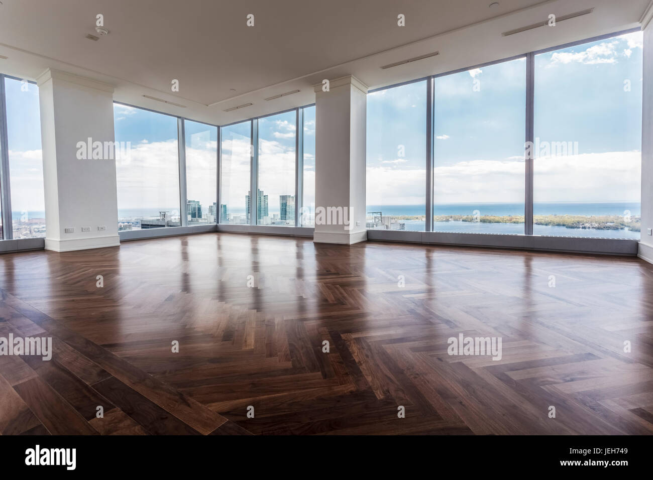 New Hardwood Flooring In An Apartment With Floor To Ceiling
