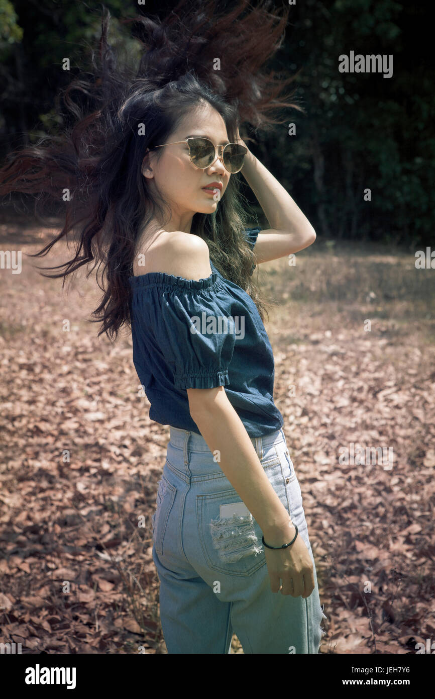 fashion portrait of young asian woman with amazing hair outdoor Stock ...