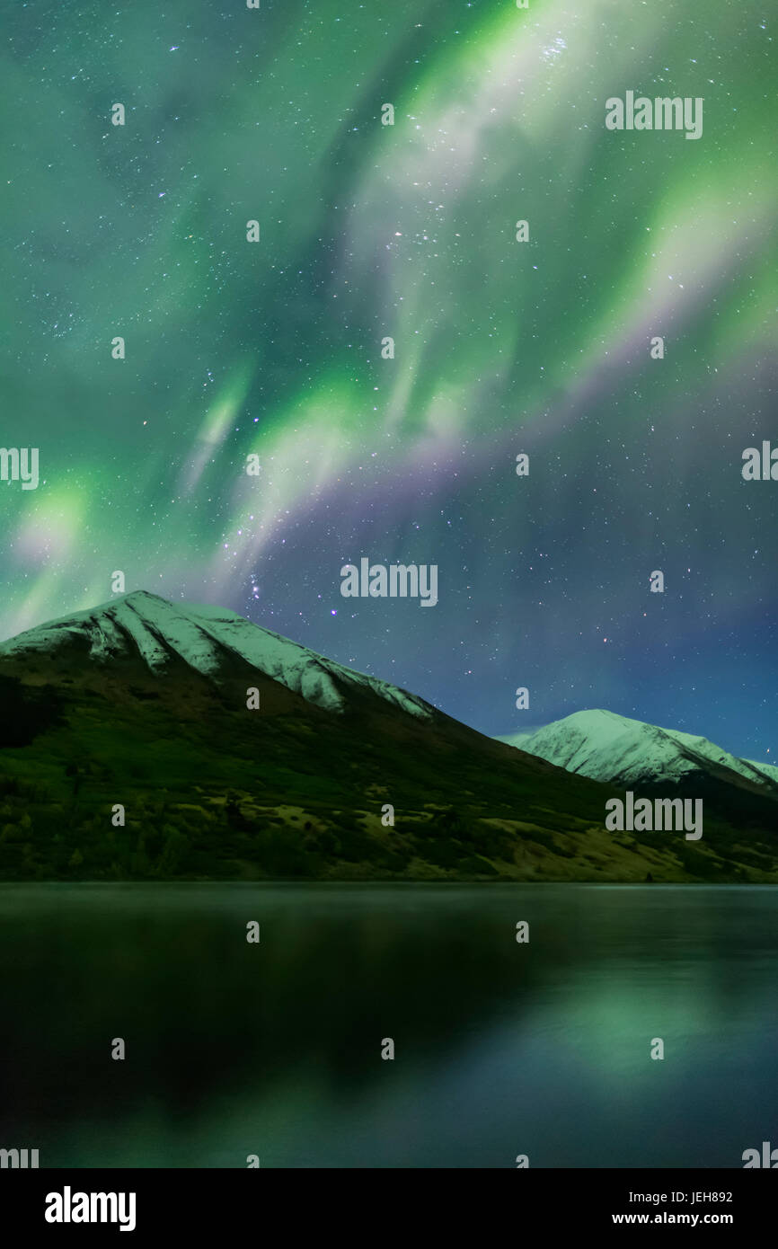 Bright Green Aurora Borealis Dances Over The Kenai Mountains, Summit