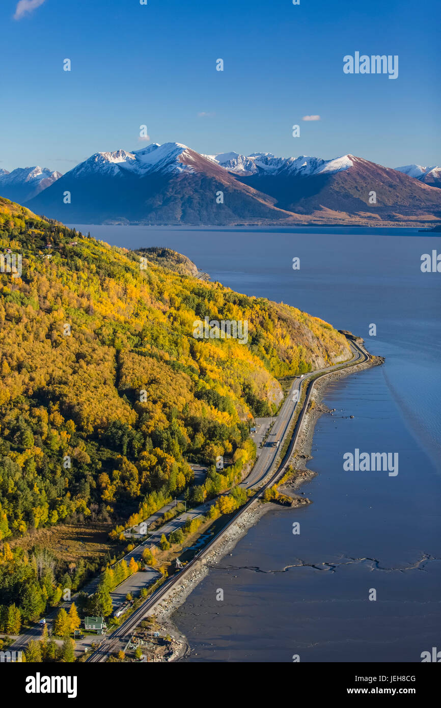 Aerial View Of The Seward Highway Running South Along The Turnagain Arm