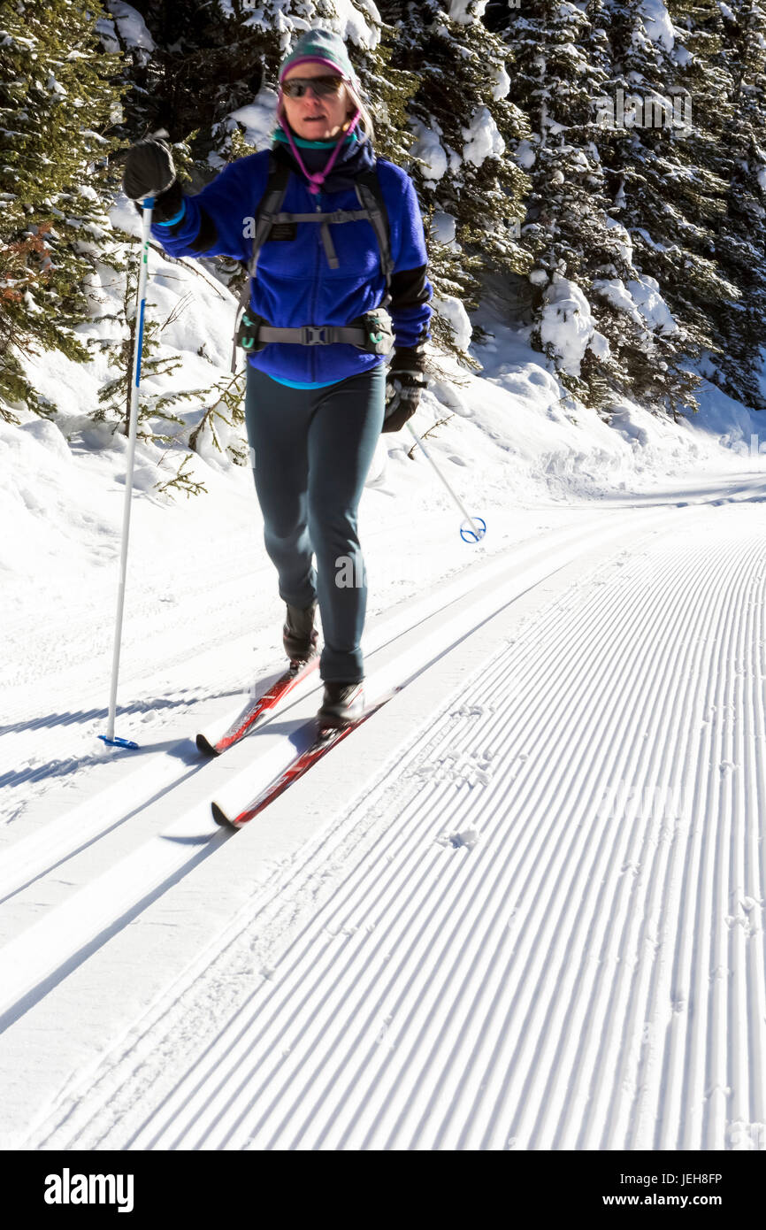 Female cross country skier on a freshly groomed track set trail