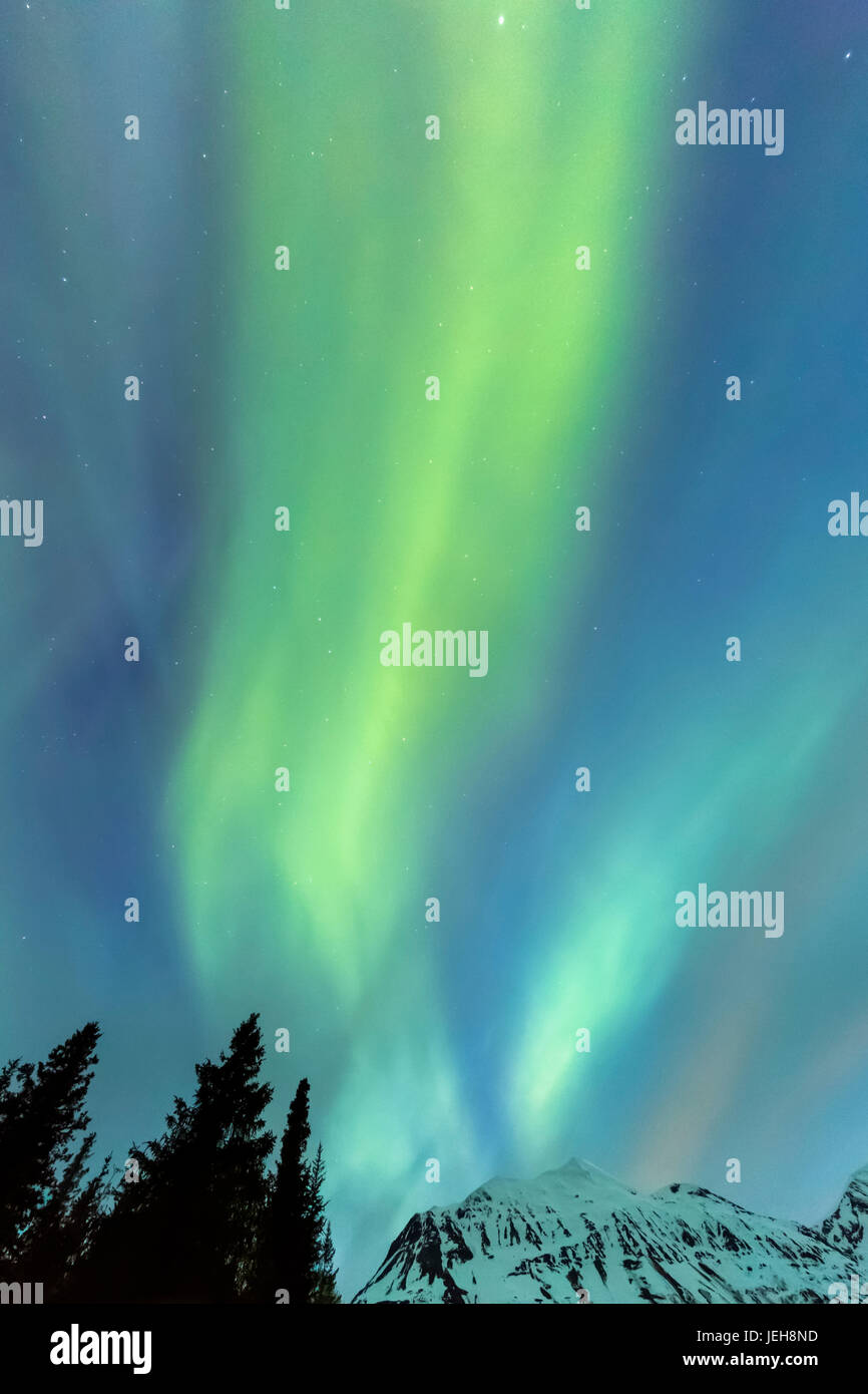 Green Aurora Borealis dances over the Kenai Mountains, Moose Pass