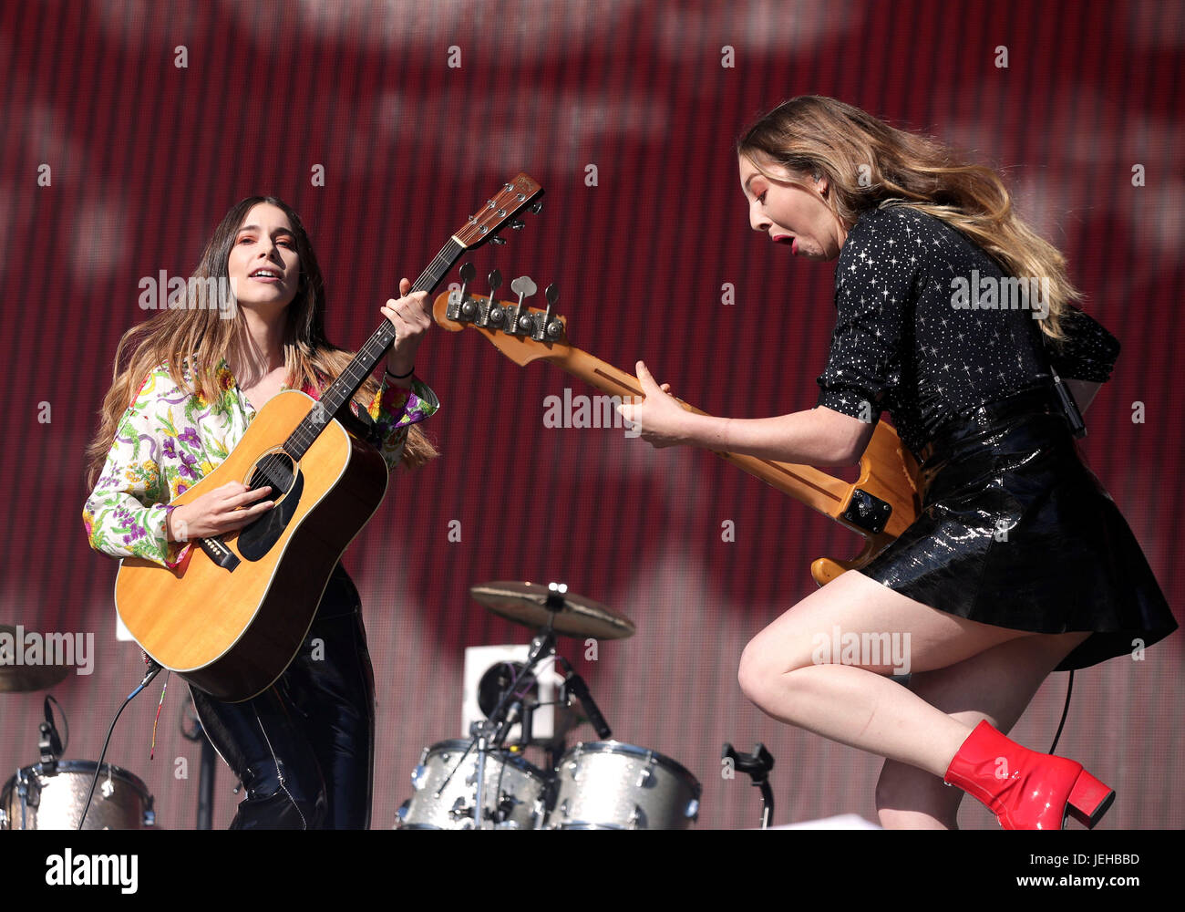 Haim performing on the Other Stage at Glastonbury Festival, at Worthy Farm in Somerset. Stock Photo