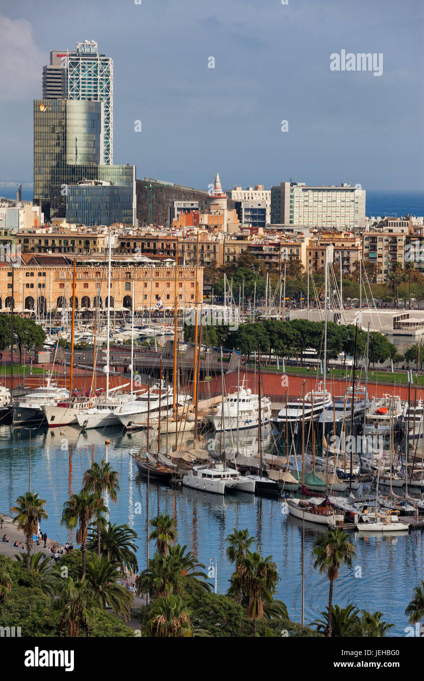 City of Barcelona cityscape and skyline, view over Port Vell marina ...