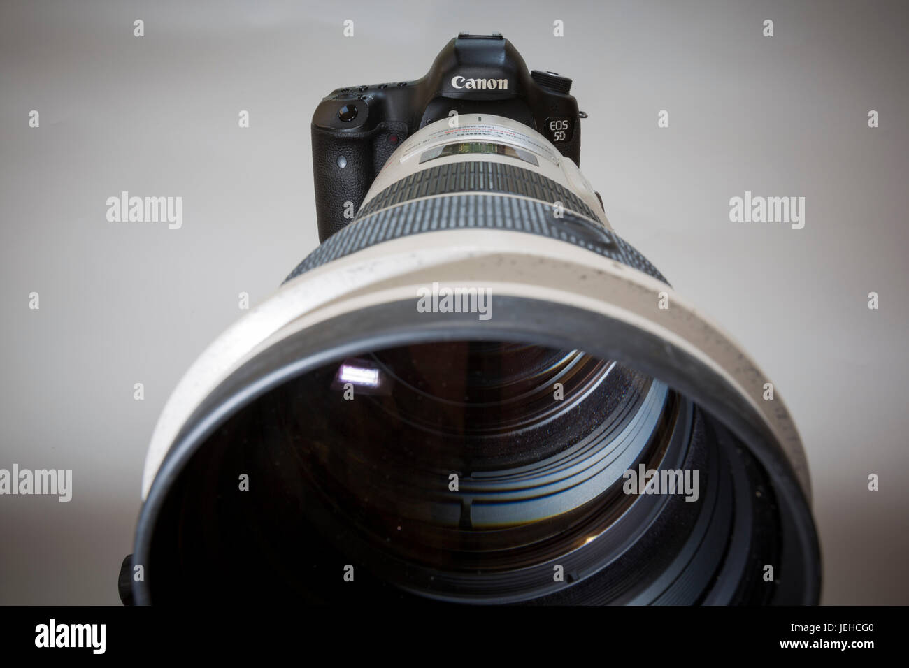 A telephoto lens on a camera. 300mm F2.8 lens on a Canon 5D111 DSLR body. Stock Photo