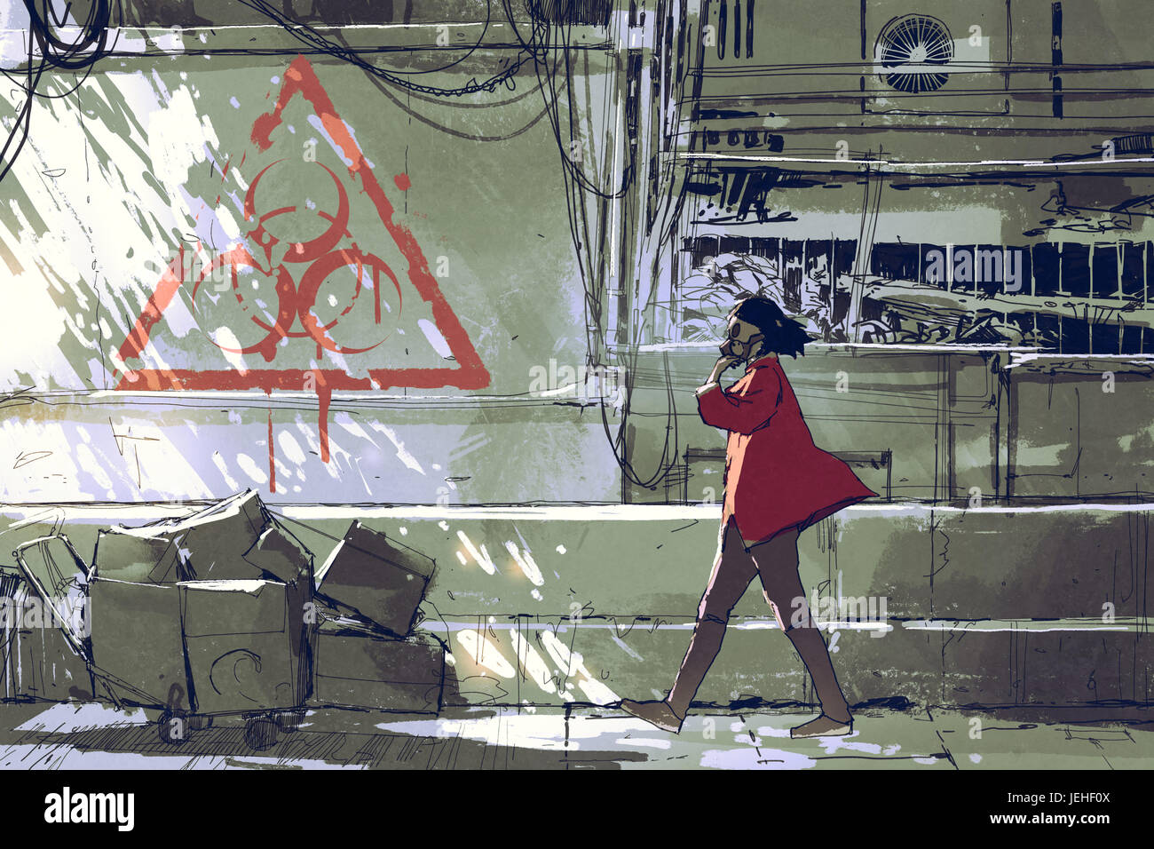 woman in red with gas masks walking on street in polluted urban with biohazard symbol on the wall, digital art style, illustration painting Stock Photo