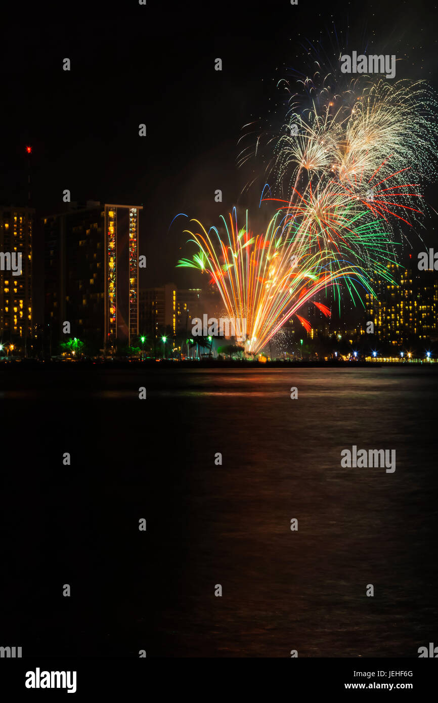 Fourth of July fireworks on Waikiki beach; Honolulu, Oahu, Hawaii