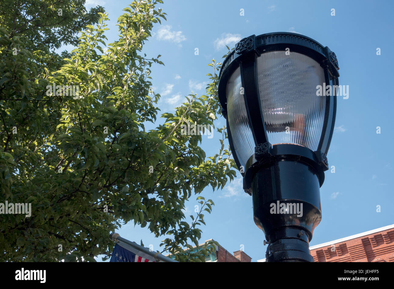 Directly Below Shot Of Street Light Against Sky trees and build roof edging Stock Photo