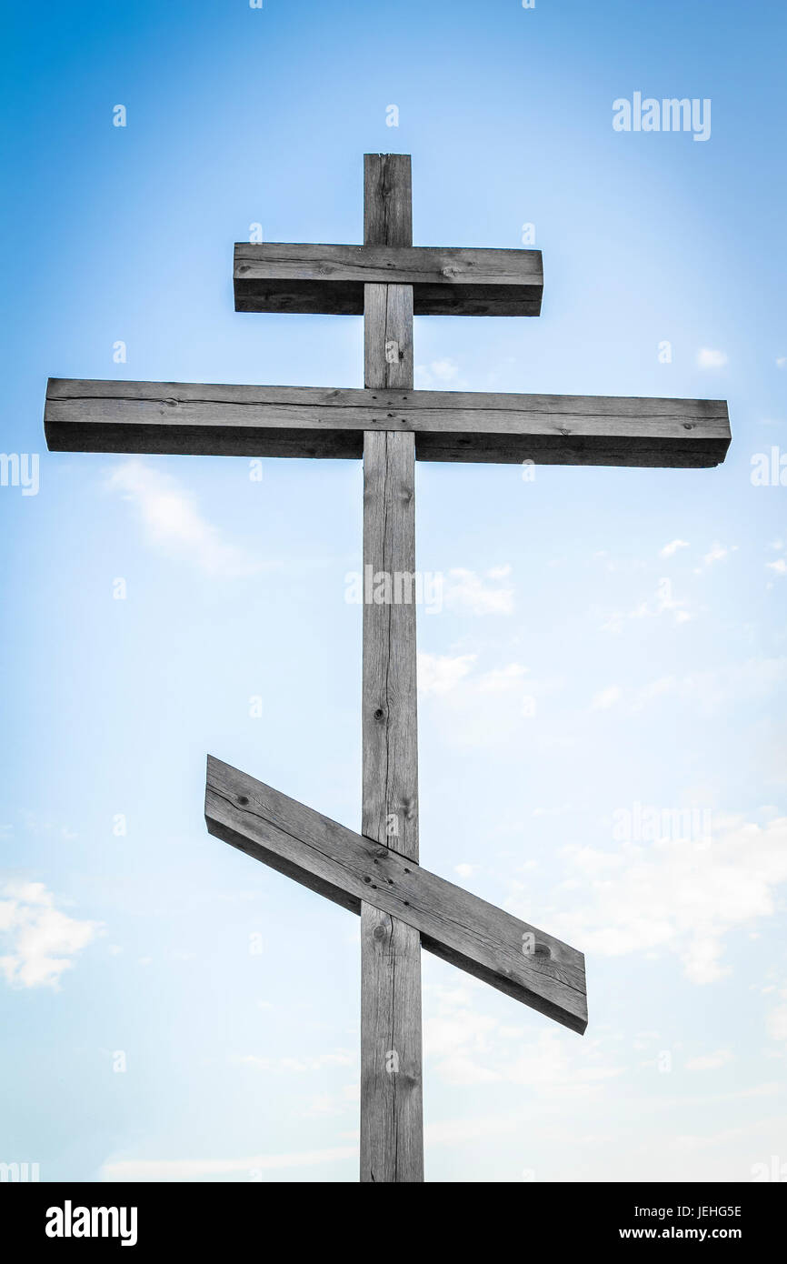 Wooden Orthodox cross on a background of blue sky Stock Photo - Alamy