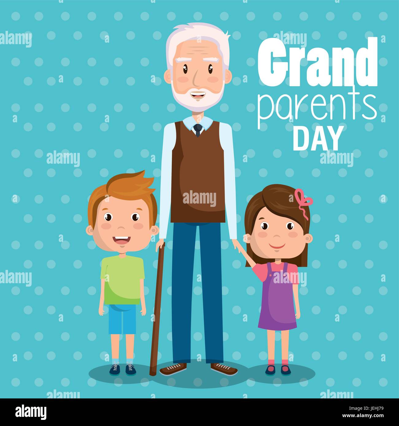 Grandpa And Grandchildren With Grandparents Day Sign Over Blue Dotted