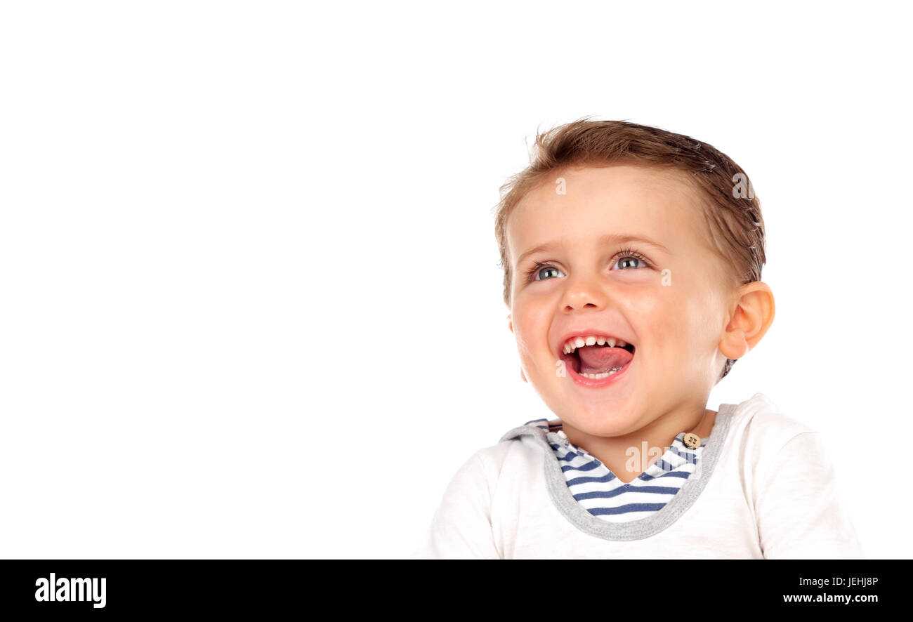Beautiful little child two years old laughing isolated on a white