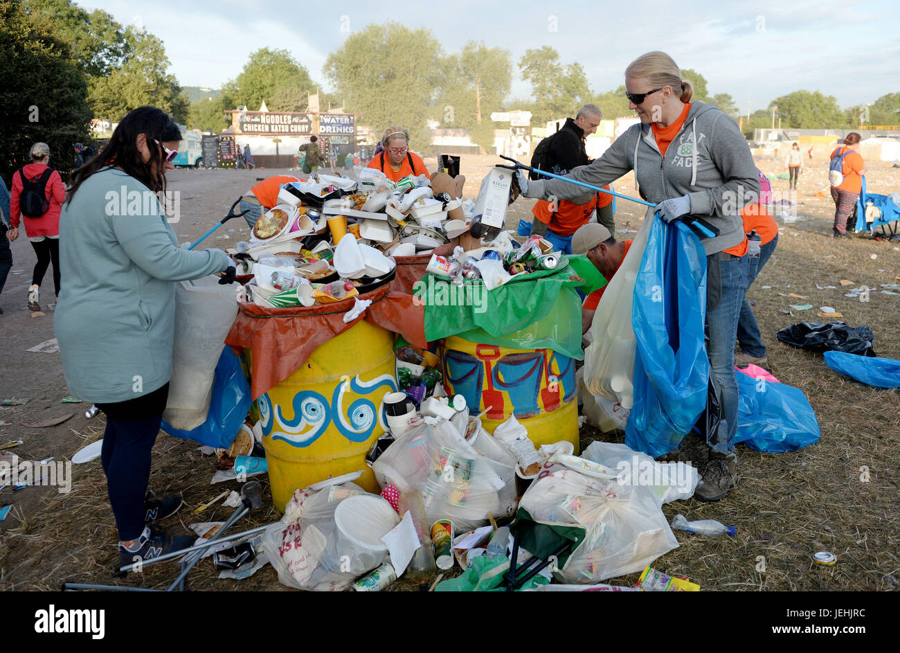 Rubbish is collected following the Glastonbury Festival at Worthy Farm