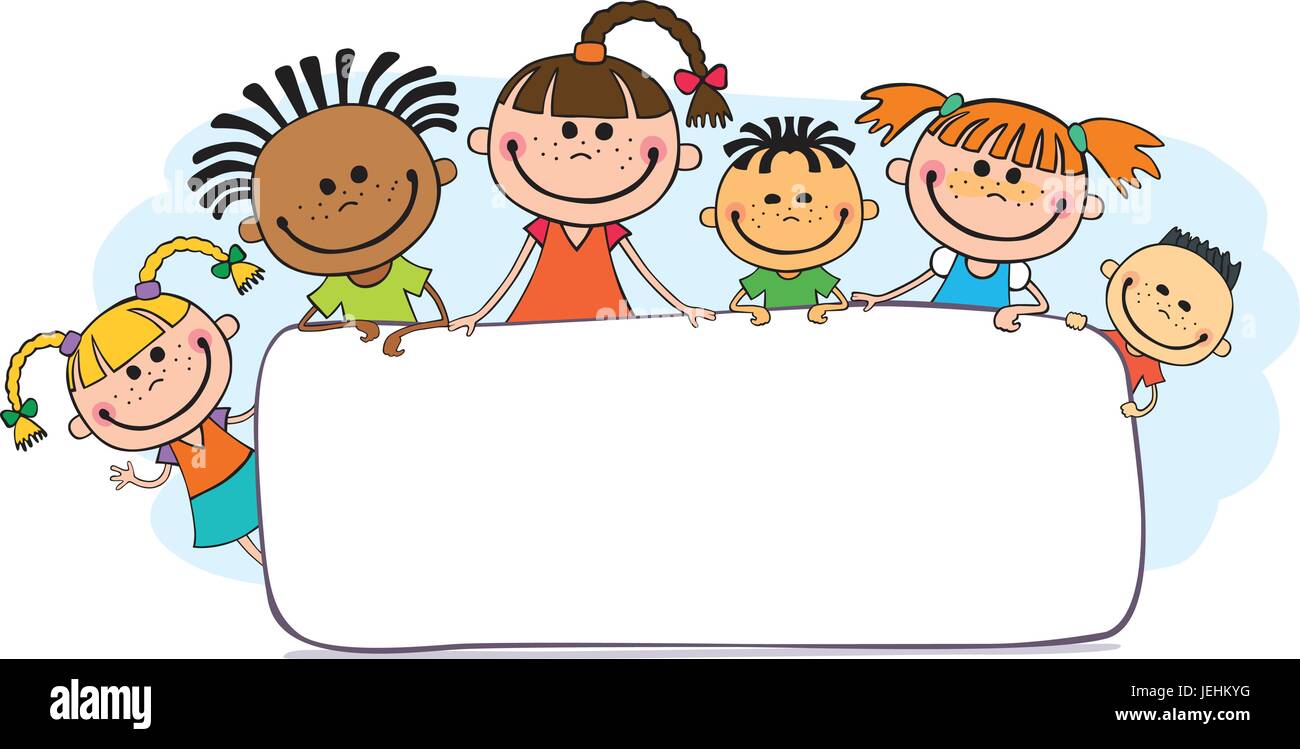 Happy and funny children stand around a large banner, poster, po Stock Vector