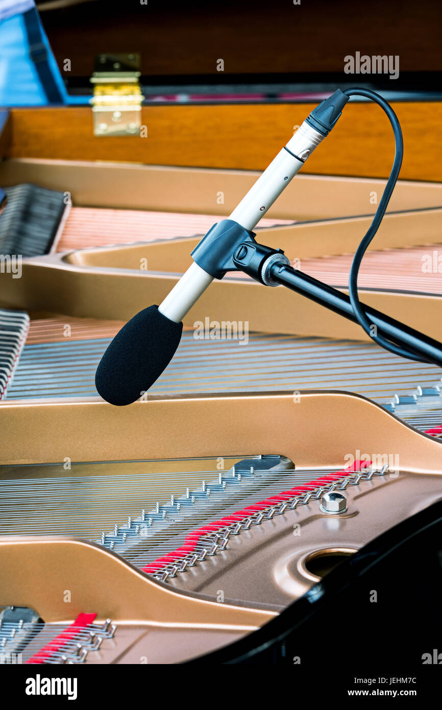 professional microphone standing above the strings of grand piano Stock Photo