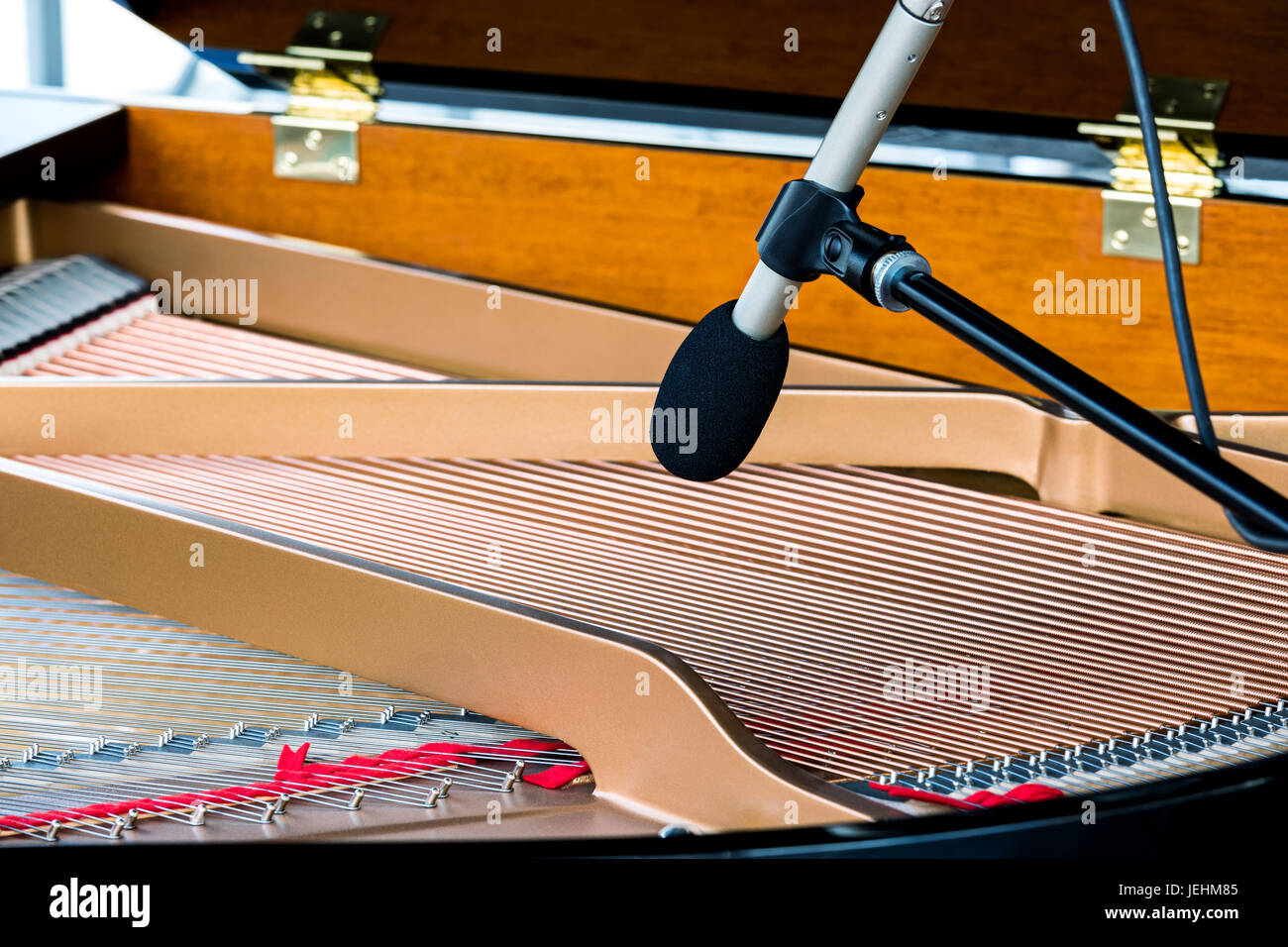 strings of grand piano with microphone. musical instruments closeup. Stock Photo