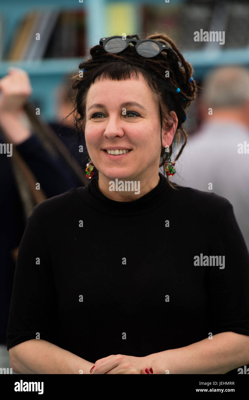 Olga Tokarczuk,  one of the most critically acclaimed and commercially successful Polish writers of her generation, particularly noted for the hallmark mythical tone of her writing.  Appearing at the 2017 Hay Festival of Literature and the Arts, Hay on Wye, Wales UK Stock Photo
