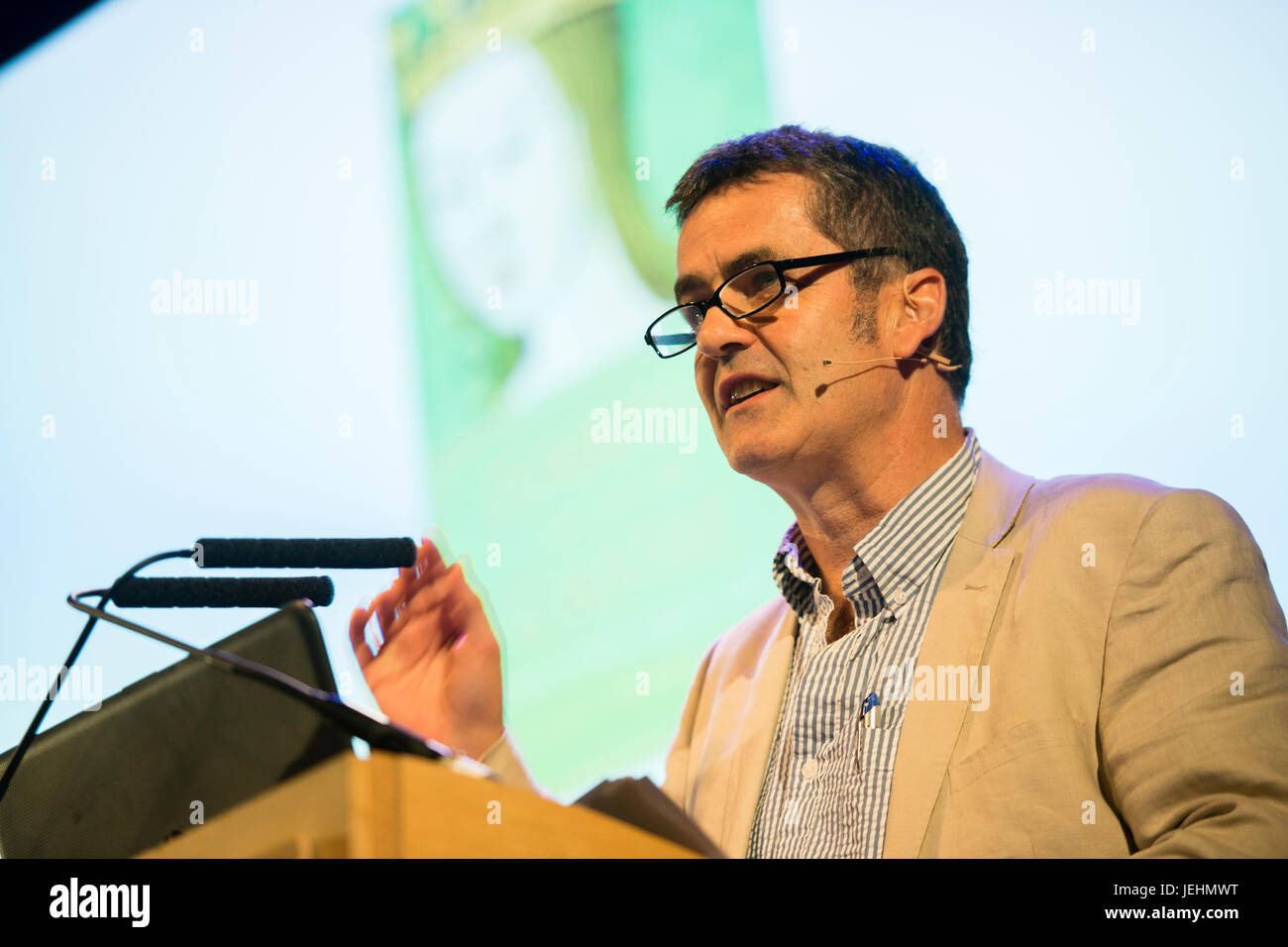Giles Tremlett , journalist, author and historian based in Madrid, Spain, who has spent most of his career writing for The Guardian and The Economist, talking about his book 'Isabella of Castile'  at the 2017 Hay Festival of Literature and the Arts, Hay on Wye, Wales UK Stock Photo