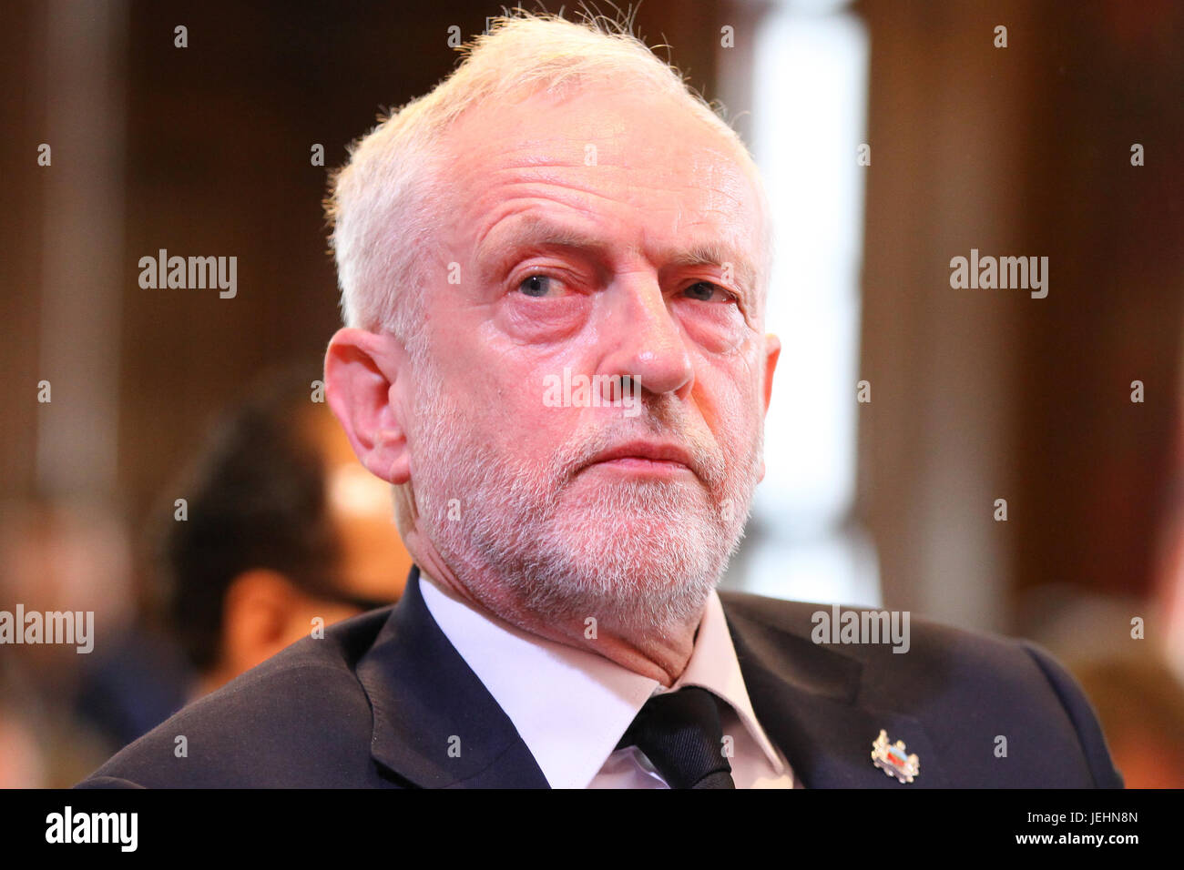 Jeremy Corbyn, leader of the Labour Party delivers a speech in London on defending democracy and the importance of standing together in solidarity with the city of Manchester. Britain is on critical alert following Salman Abedi the suicide bomber who killed 22 and injured dozens after a music concert in Manchester Arena on May 22nd. The government has deployed military on the streets along side the police.  Featuring: Jeremy Corbyn Where: London, United Kingdom When: 26 May 2017 Stock Photo