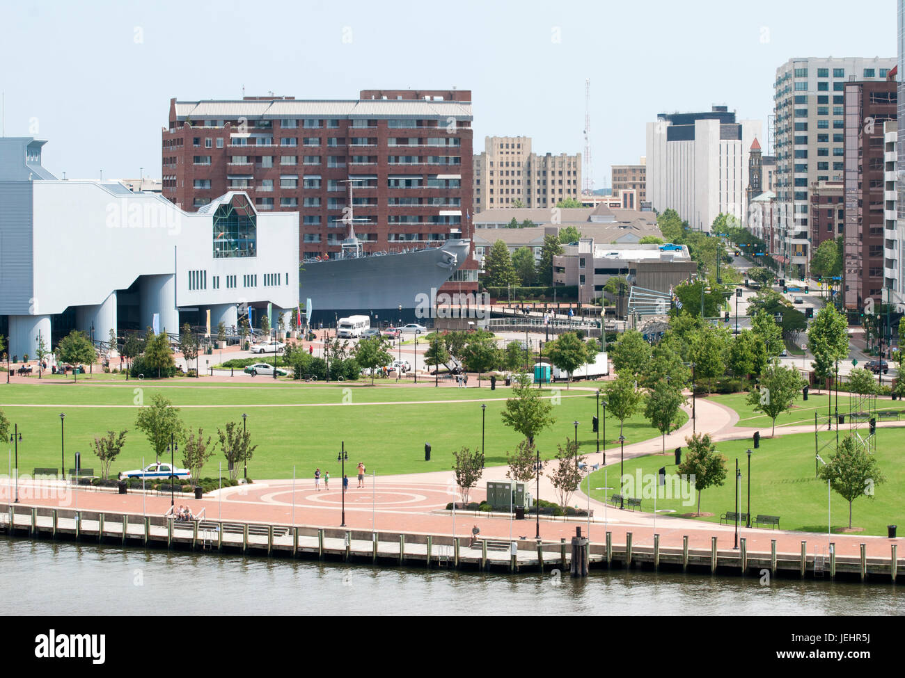 The view of Norfolk waterfront with downtown skyscrapers in a