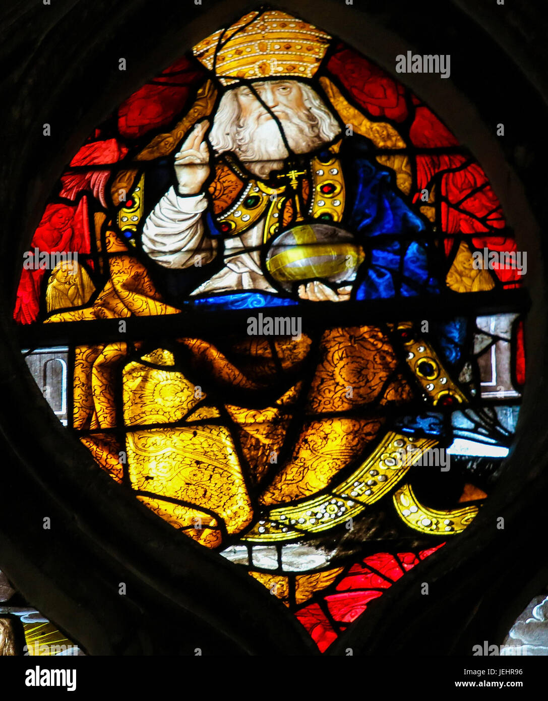 God the Heavenly Father on a stained glass (1540) in the cathedral of Rouen, France Stock Photo