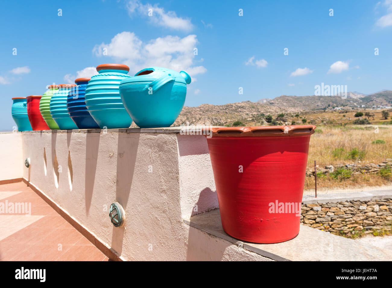 Traditional colorful Greek flower pots on Naxos island. Cyclades. Greece Stock Photo Alamy