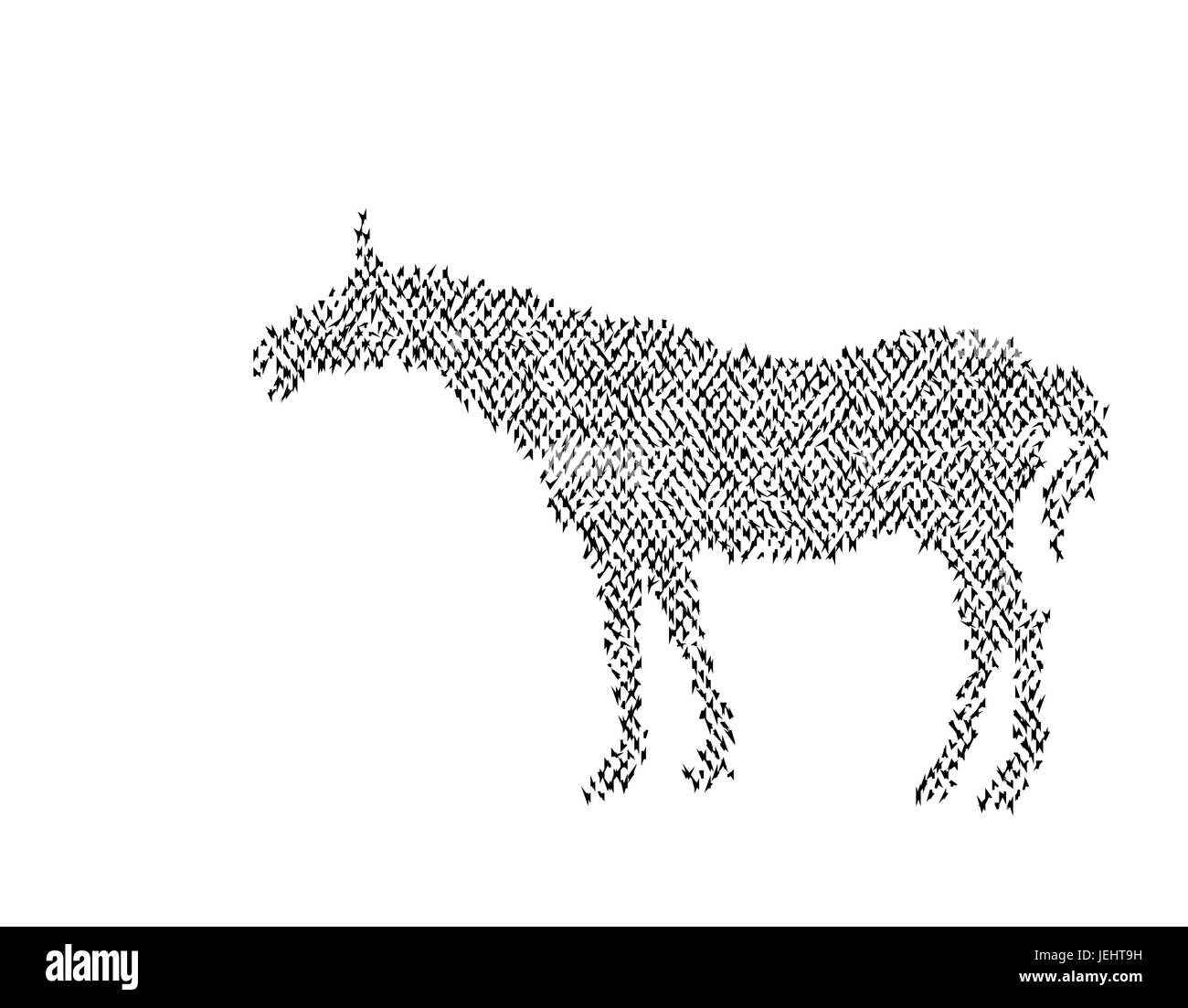 young horse in the steppe. Black silhouette of a horse. White background. Stock Vector