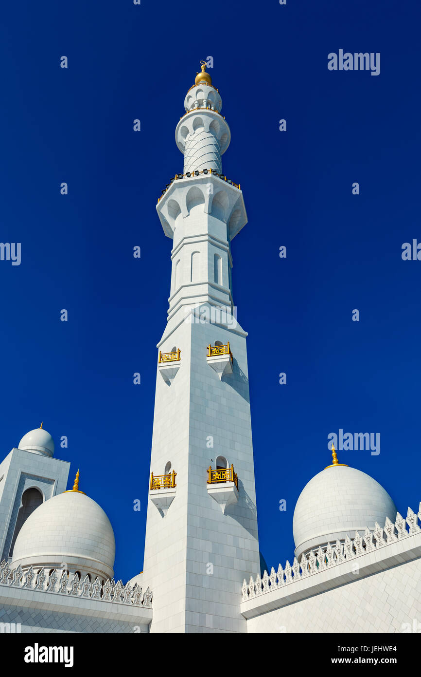 Abu Dhabi, UAE - One of the Four Marble Minarets in the Sheikh Zayed Grand Mosque in the Capital City Stock Photo